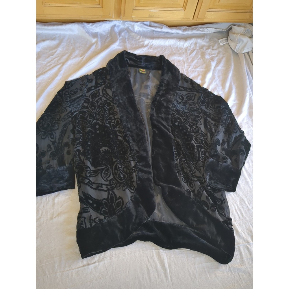 STUNNING! Vtg Ethos Silk Velvet Sheer Cardigan Sz Medium Black Open Front Y2K
